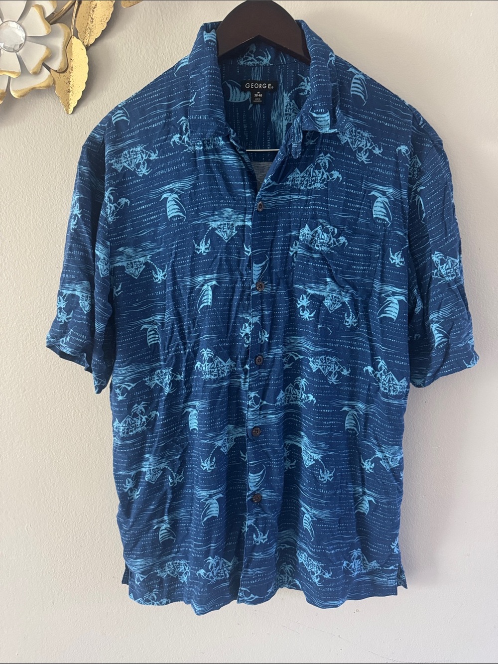George Men’s Navy and Light Blue Short-Sleeve Button-Up Shirt